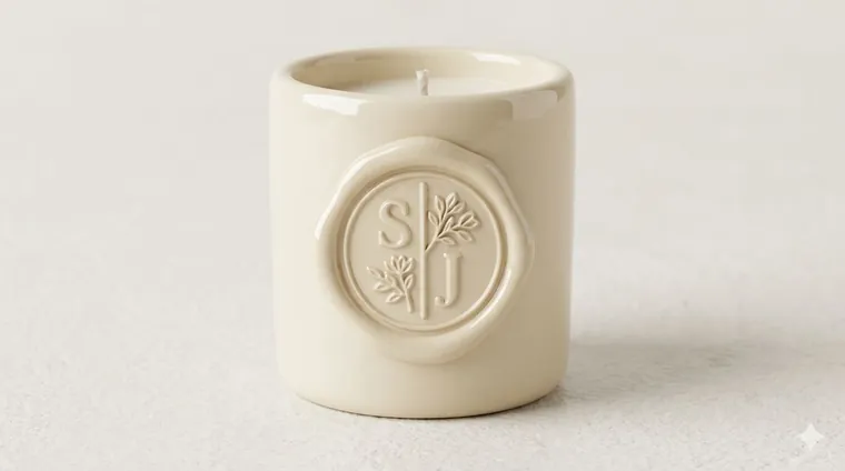 Bougie en ceramique BEŶT au monogramme des maries, cachet de cire en relief