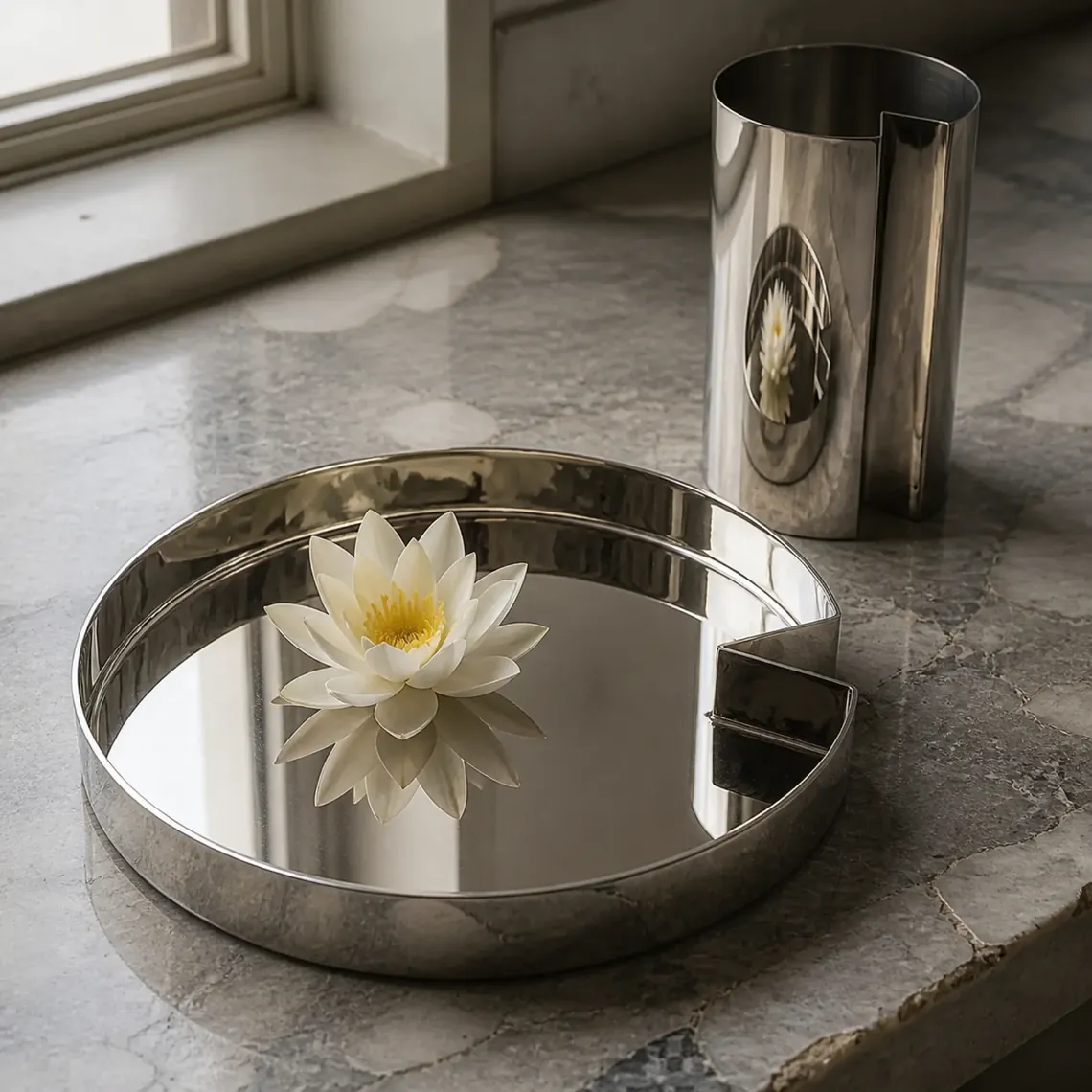 Plateau et vase PAD en nickel poli sur un plan de marbre