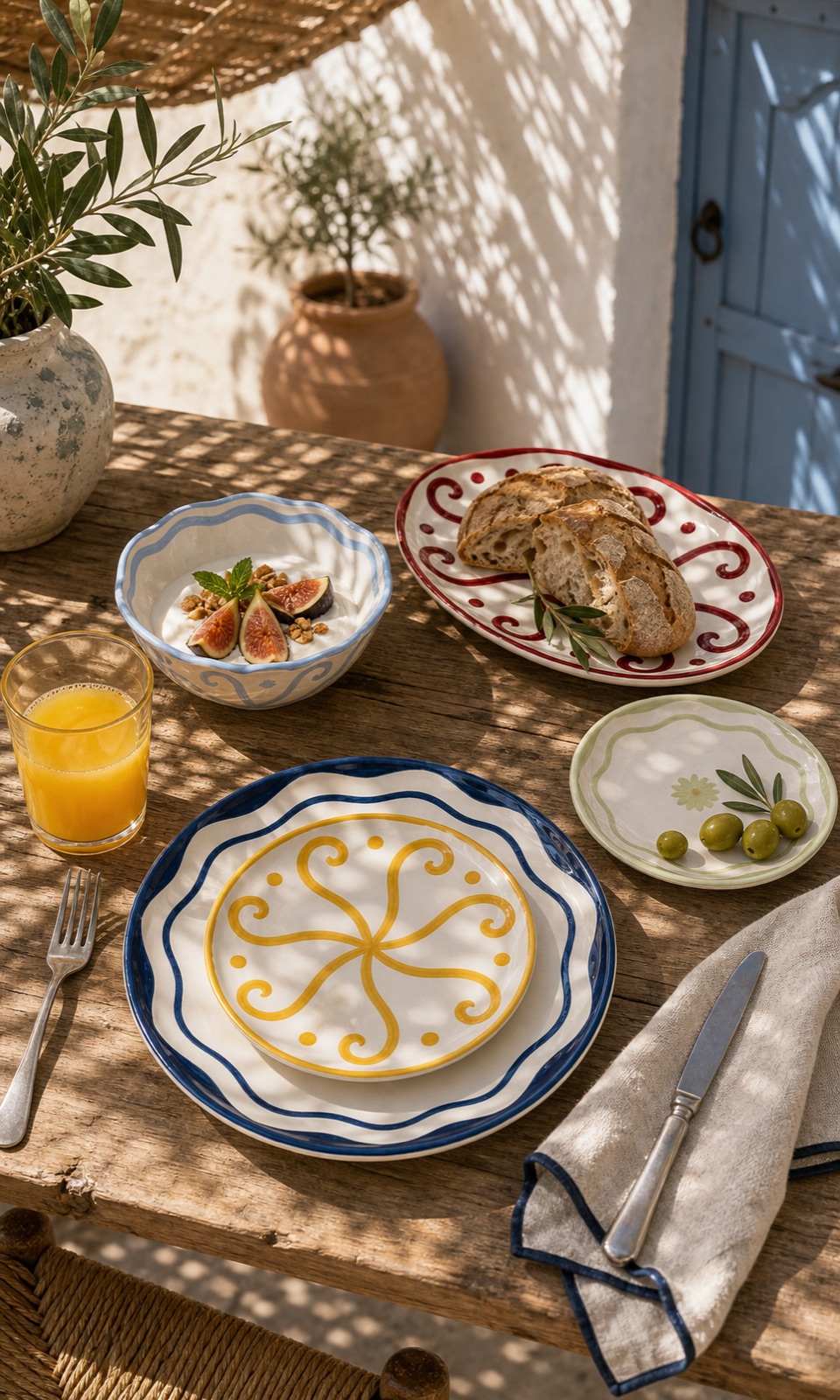 Petit-déjeuner sous la pergola, figues et jus d'orange, vaisselle BEYT