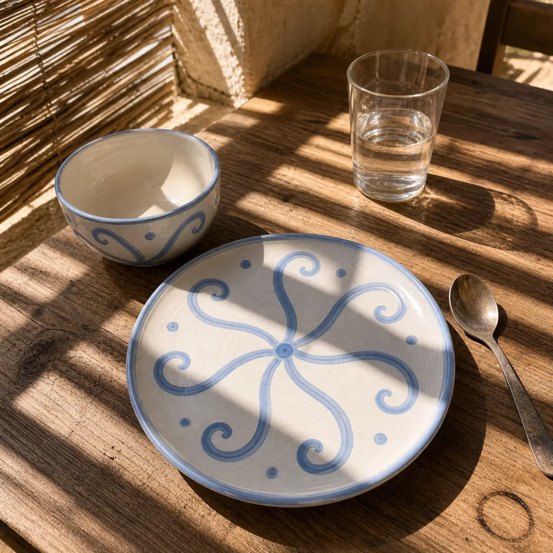 Assiette moyenne Polpo sur une table en bois, lumière du matin