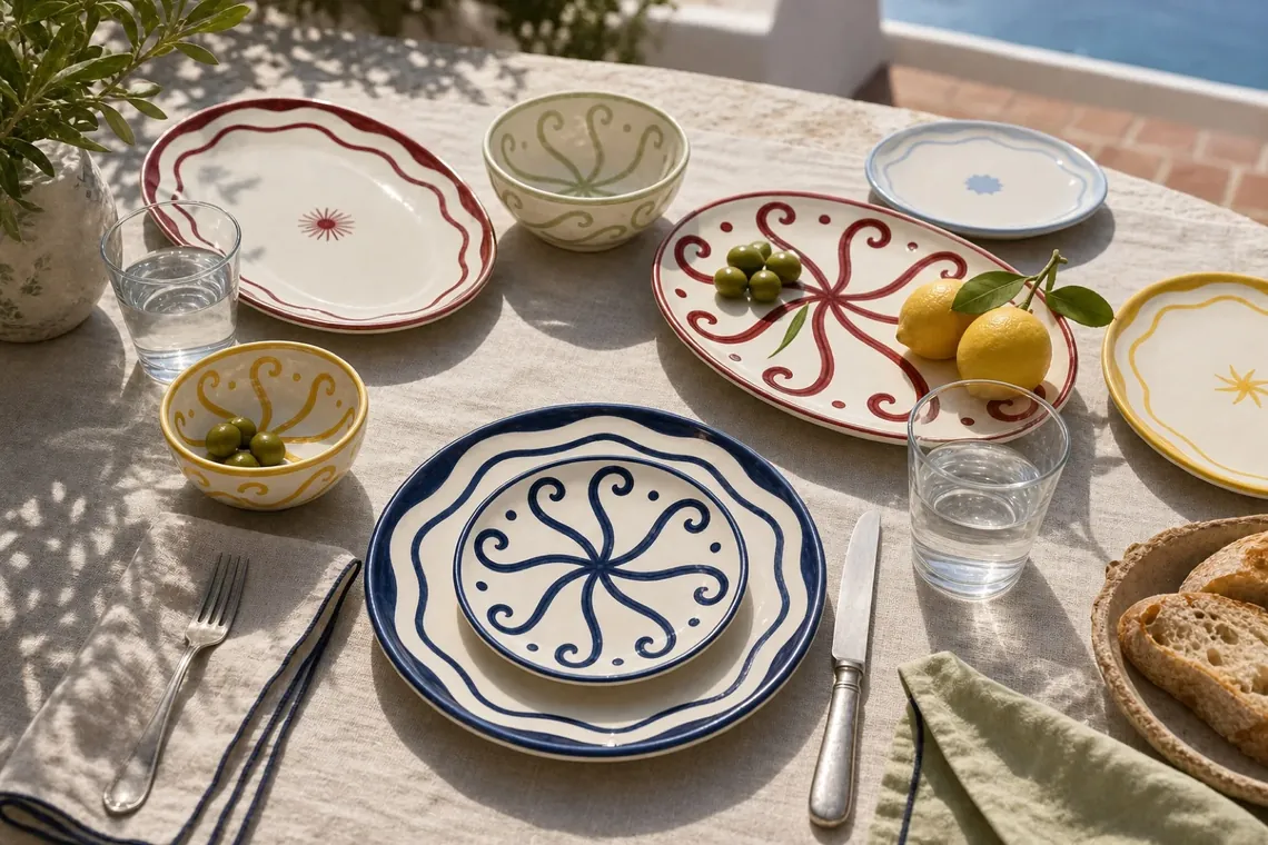 Table Dolce au soleil, assiettes à bord ondulé